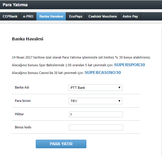 Superbetin PTTBANK 1 TL Alt Limit Yatırım Seçeneği
